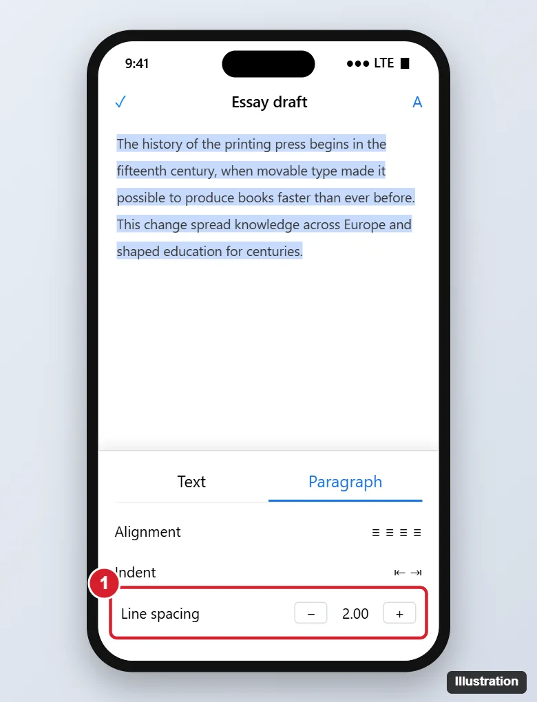 How to Double Space an Entire Document in the Google Docs iPhone App 1 Phone document editor with all text selected and the Format panel Paragraph tab open, Line spacing set to 2.00 and highlighted