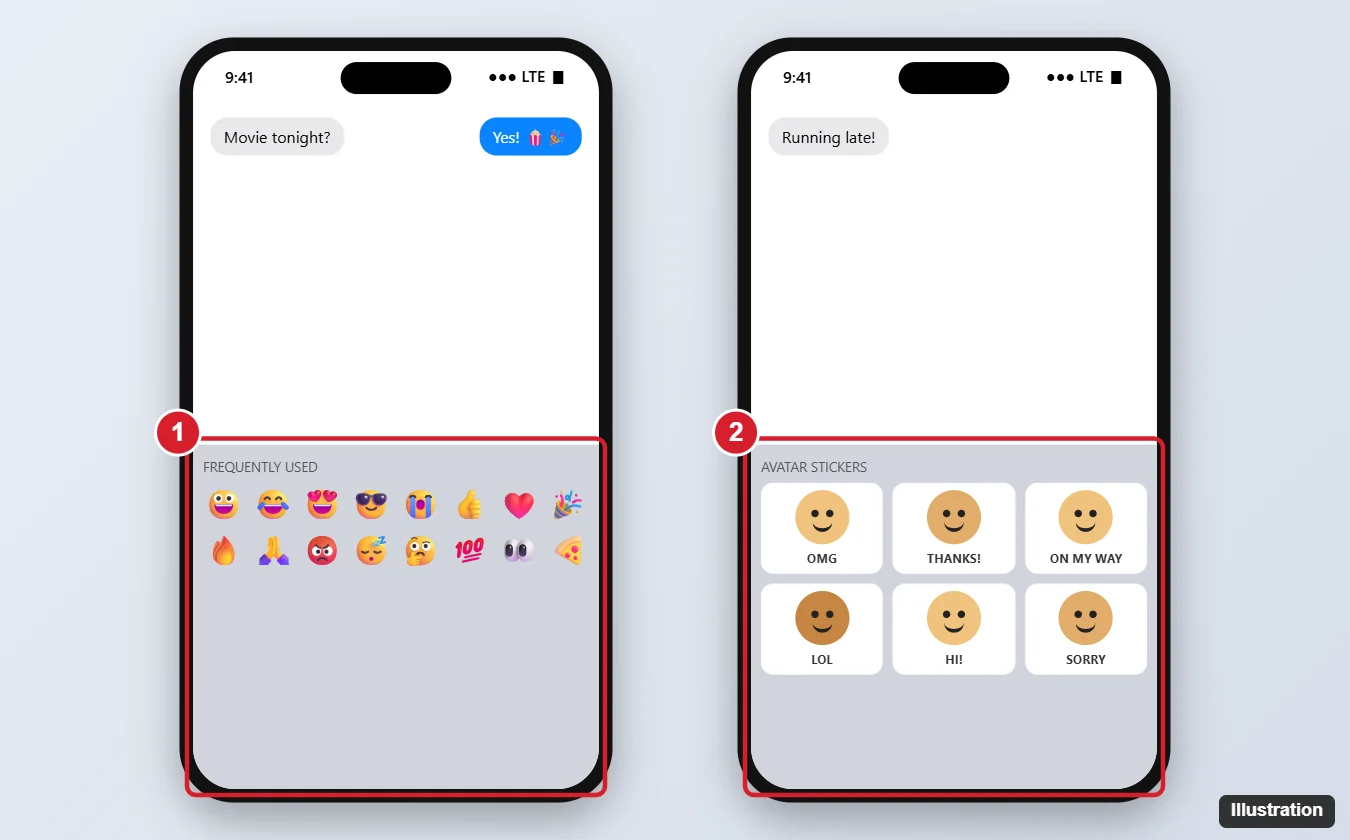 What Is the Difference Between Emoji and Bitmoji on iPhone? 1 Two phones side by side, one showing the standard emoji keyboard with a grid of emoji and the other showing a personalized cartoon avatar sticker keyboard, each highlighted