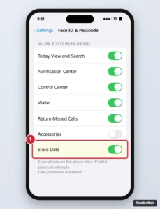 Phone Face ID and Passcode settings scrolled to the bottom with the Erase Data switch and its explanation about 10 failed passcode attempts
