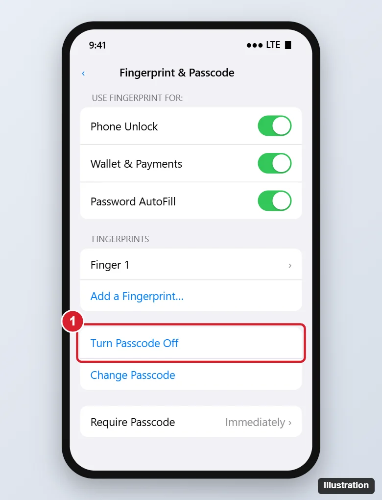 Phone Fingerprint and Passcode settings with fingerprint options and the Turn Passcode Off button highlighted