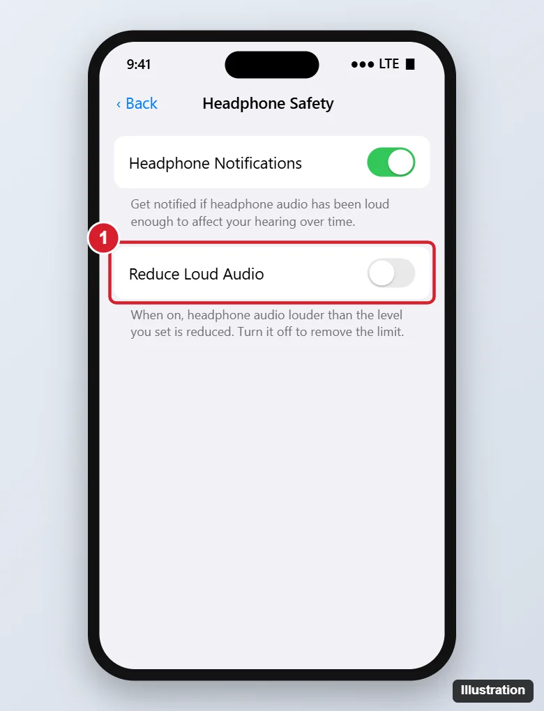 How to Turn Off the Volume Limit on an iPhone (Music and Headphones) 1 Phone Headphone Safety settings with Headphone Notifications on and the Reduce Loud Audio switch turned off and highlighted