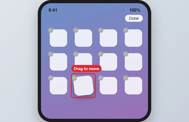 Phone Home Screen in edit mode with an app being dragged to a new spot highlighted