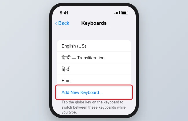 How to Write in Hindi on WhatsApp (iPhone and Android) 1 Phone keyboard settings listing English and Hindi keyboards with Add New Keyboard highlighted