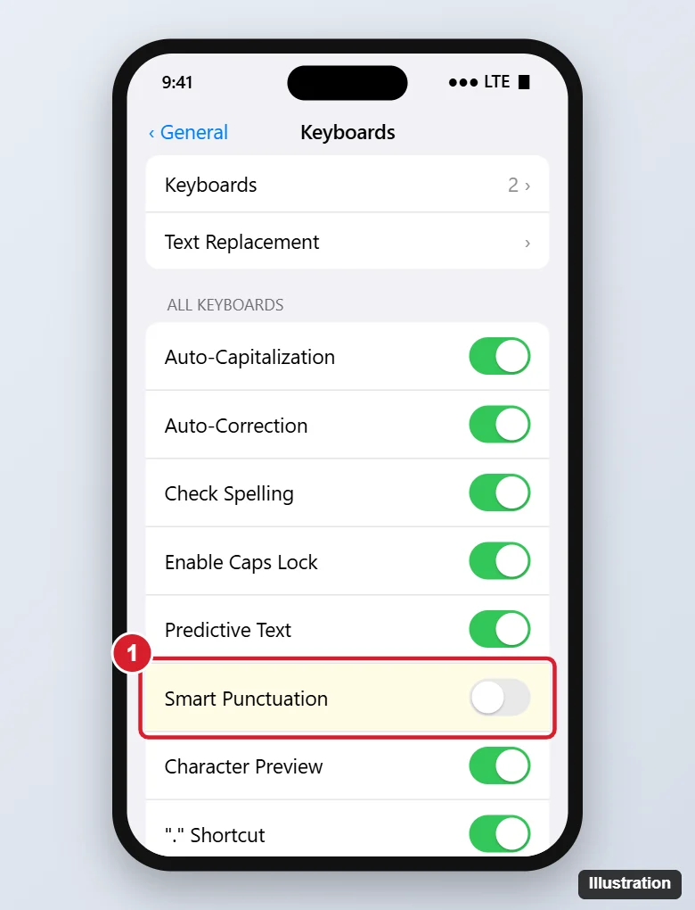 How to Turn Off Smart Punctuation on iPhone 1 Phone keyboard settings with Smart Punctuation switched off among options like Auto-Correction and Check Spelling