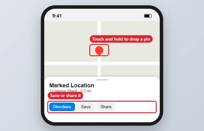 How to Mark Your Location in Apple Maps 1 Phone map with a dropped pin labelled Marked Location and options to save or share it
