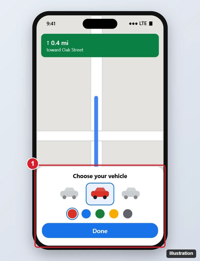 Phone maps app during navigation with the vehicle icon picker open, showing car icons to swipe through, color choices and the Done button highlighted