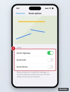 Phone maps app route options with Avoid highways and Avoid tolls switches, and a route drawn on local roads