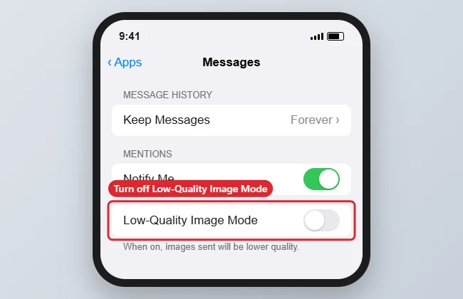 How to Turn Off Low Quality Image Mode on an iPhone 7 1 Phone Messages settings with Low-Quality Image Mode switched off