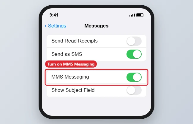 Messages settings with the MMS Messaging switch highlighted