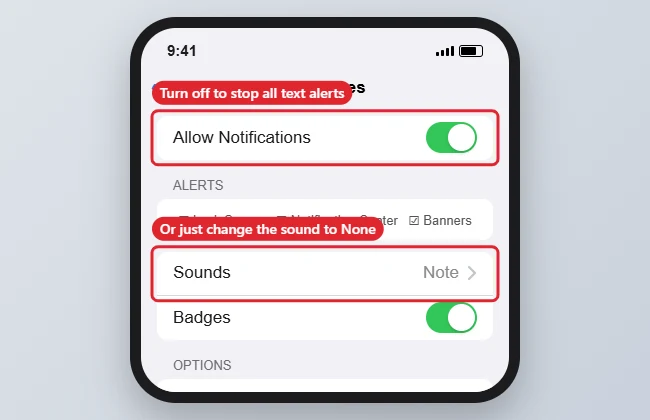 How to Shut Off Text Message Notifications on an iPhone 7 1 Phone Notifications settings for text messages with Allow Notifications and Sounds