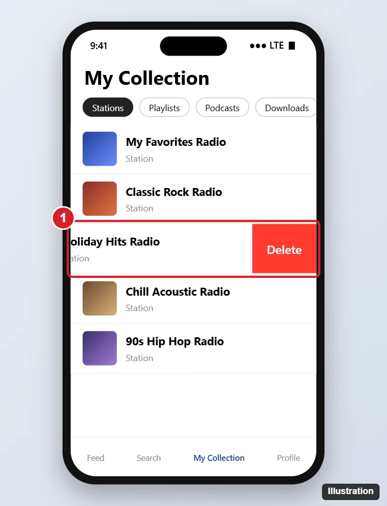 Phone music streaming app My Collection list with one station swiped left to reveal a red Delete button, which is highlighted