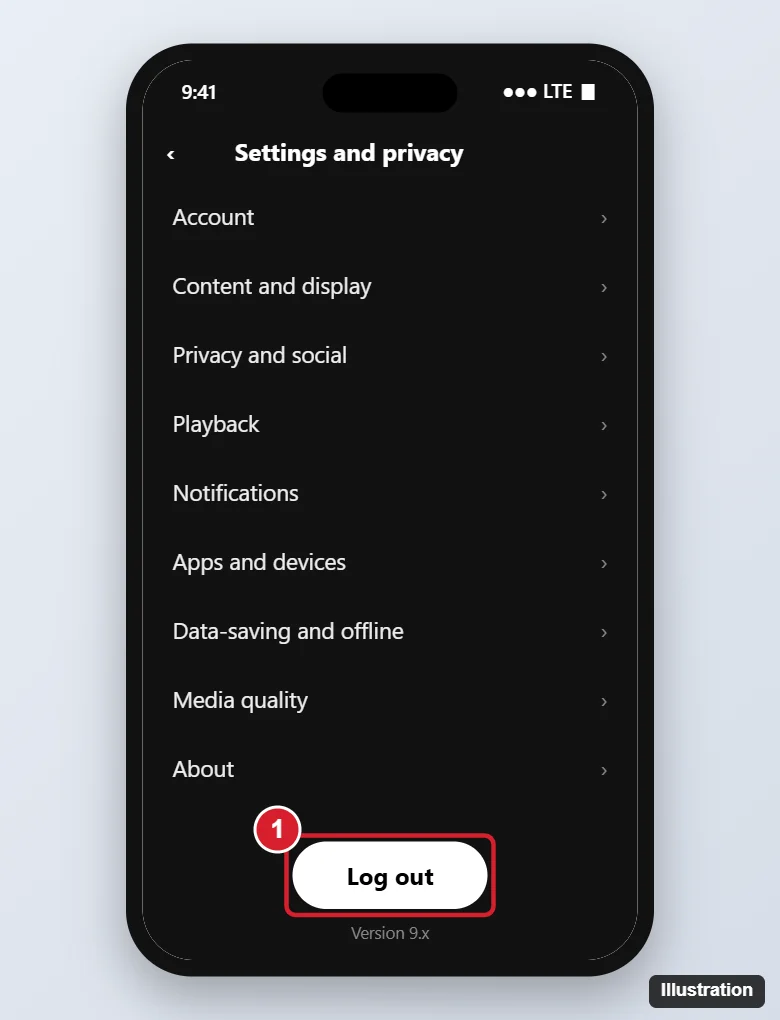 How to Sign Out of Spotify on iPhone (and Everywhere Else) 1 Phone music streaming app Settings and privacy screen scrolled to the bottom with the Log out button highlighted