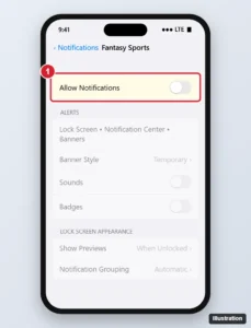 Phone notification settings for a sports app with Allow Notifications switched off