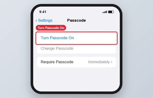 Passcode settings with Turn Passcode On highlighted