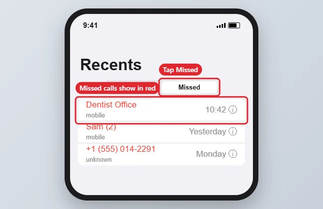 Where Can I See My iPhone Missed Calls? 1 Phone call list on the Recents screen filtered to Missed calls shown in red