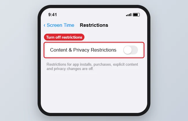 Screen Time settings with Content and Privacy Restrictions switched off and highlighted