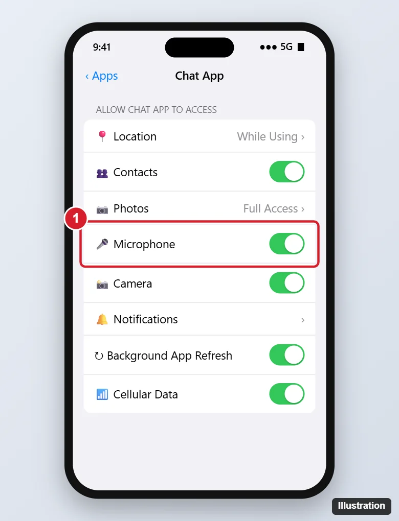 How to Turn On the Microphone in WhatsApp (iPhone, Android, PC) 1 Phone Settings page for a chat app showing permissions with the Microphone switch turned on