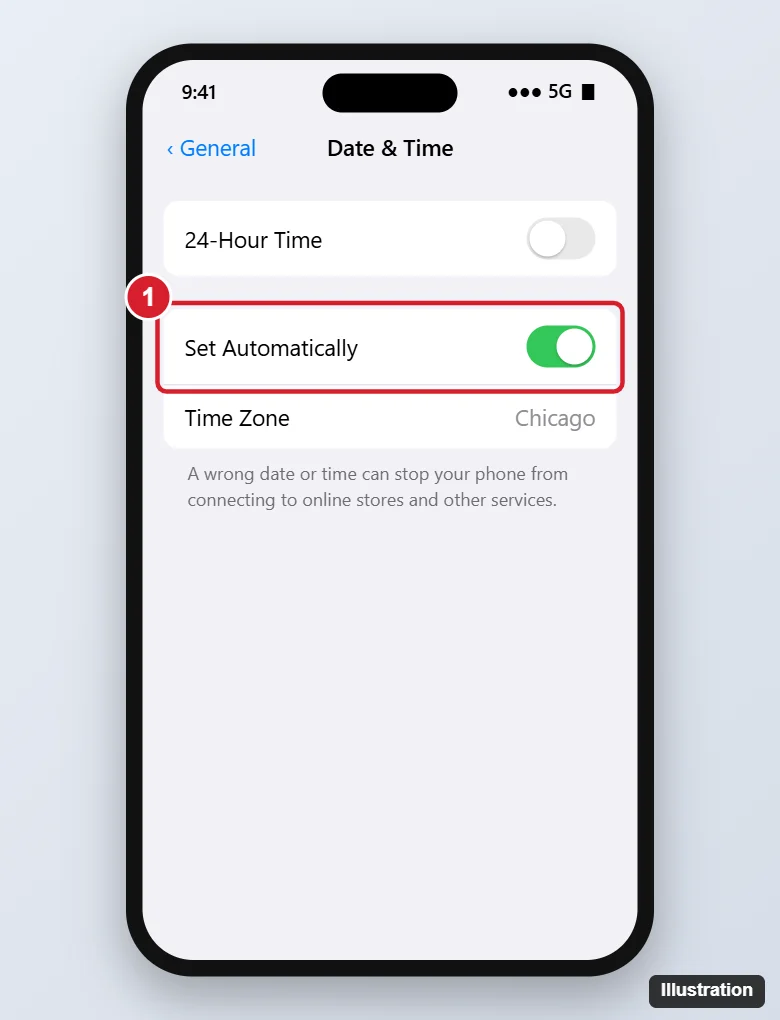 Cannot Connect to App Store? 9 Fixes for iPhone, iPad, and Mac 1 Phone Date and Time settings with Set Automatically turned on, a common fix for store connection errors