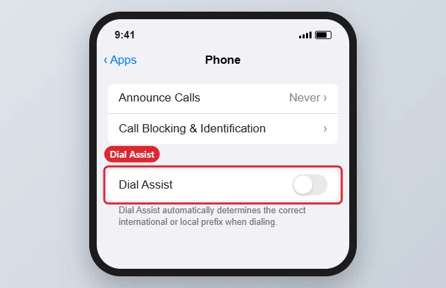 Phone settings page with the Dial Assist switch highlighted