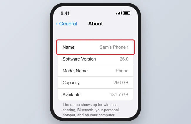 How to Change Your iPhone's Name 1 Phone Settings General About screen with the Name row highlighted