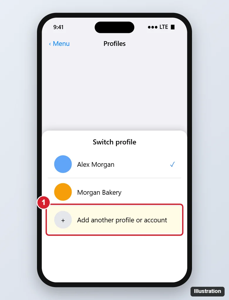 How to Manage Multiple Facebook Accounts on One iPhone 1 Phone social media app profile switcher listing two signed-in accounts with Add another profile or account highlighted