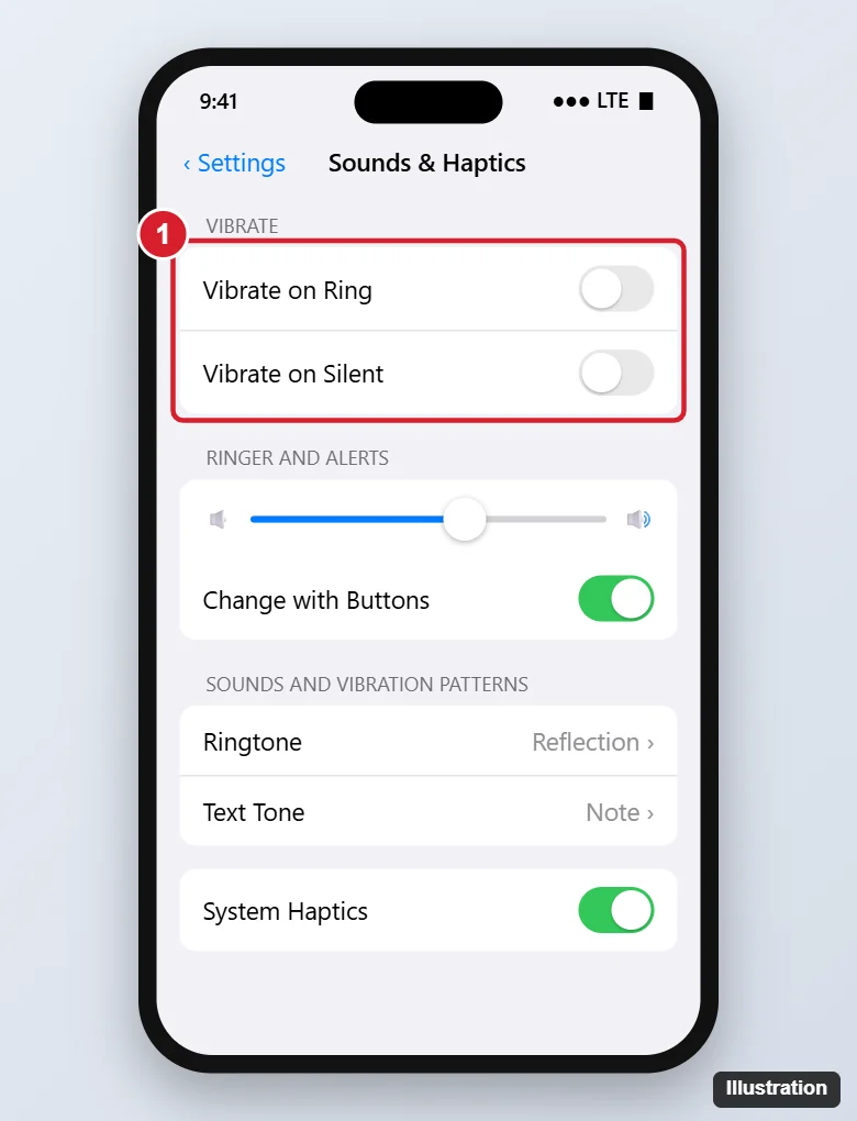 Phone Sounds and Haptics settings with the Vibrate on Ring and Vibrate on Silent switches turned off and highlighted