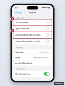 Phone voice assistant settings with Talk to the assistant set to Off and the side button option switched off