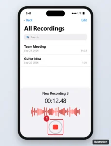 Phone voice recorder app showing a list of saved recordings and a live waveform with the red record and stop button highlighted at the bottom