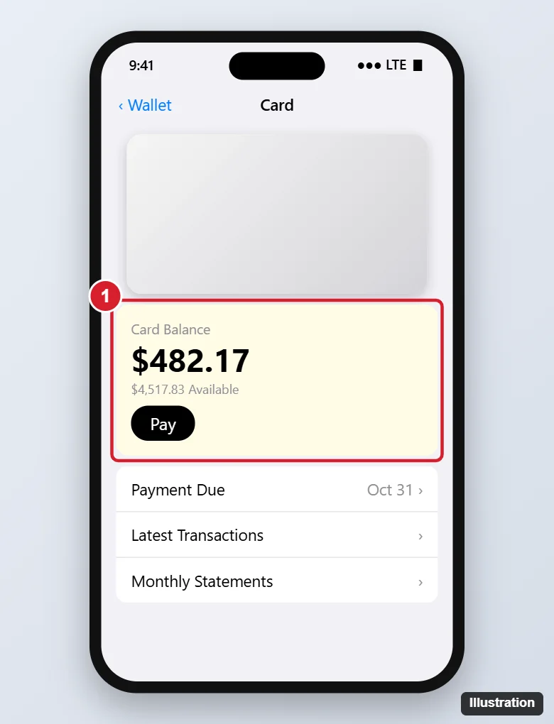 How to Check Your Apple Card Balance 1 Phone wallet app card screen showing the card balance, available credit and a Pay button, with the balance highlighted