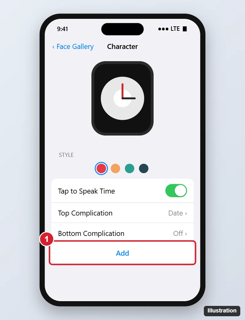 How to Set the Mickey Mouse Face on Apple Watch 1 Phone watch companion app Face Gallery showing a character watch face with color options and the Add button highlighted