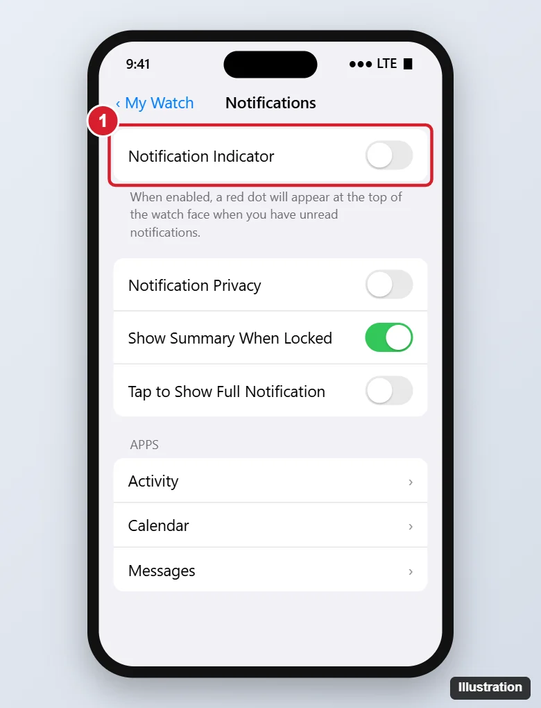 How to Turn Off the Red Dot Notification on Apple Watch 1 Phone companion watch app Notifications settings with the Notification Indicator switch turned off and highlighted
