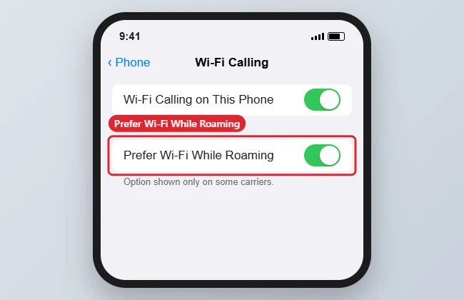 Wi-Fi Calling settings with Prefer Wi-Fi While Roaming highlighted