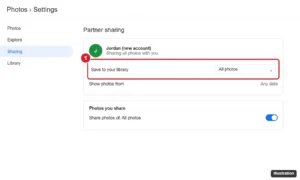 Web photo app Partner sharing settings showing a connected partner account with Save to your library set to All photos, highlighted