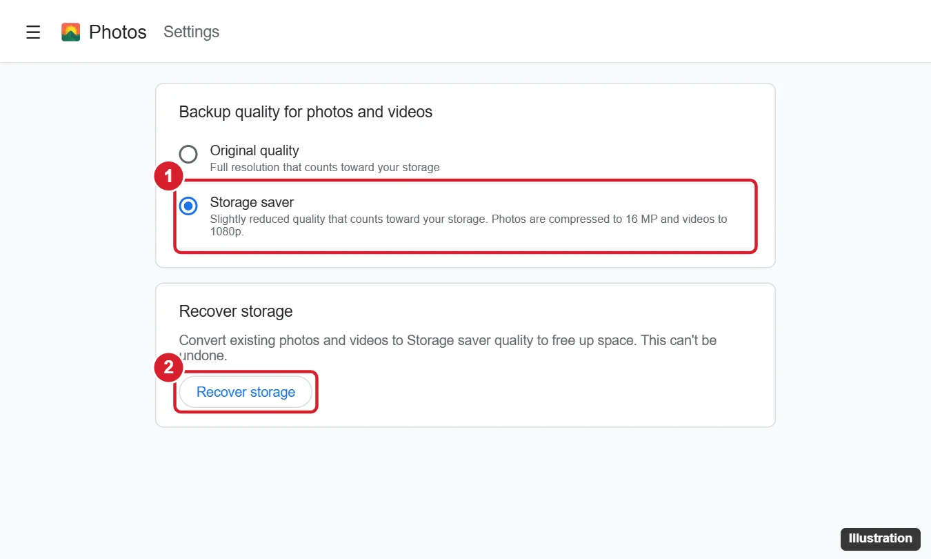 Photo backup settings with the backup quality options Original quality and Storage saver, Storage saver selected, and the Recover storage button highlighted