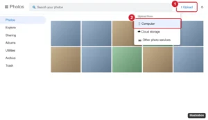Photo library website with the Upload button menu open and the Computer option highlighted