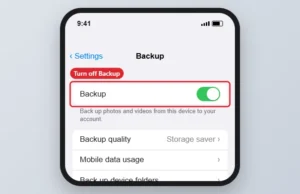 Photo app Backup settings with the Backup switch highlighted