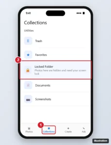 Photos app Collections tab with the Utilities section and Locked Folder highlighted