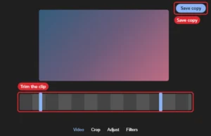 Online photos video editor with the trim handles on a video timeline