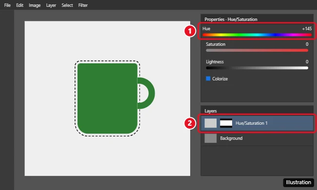 How to Change the Color of an Object in Photoshop 1 Photoshop with an object selected, a Hue/Saturation adjustment layer with a mask in the Layers panel, and the Hue slider in the Properties panel highlighted