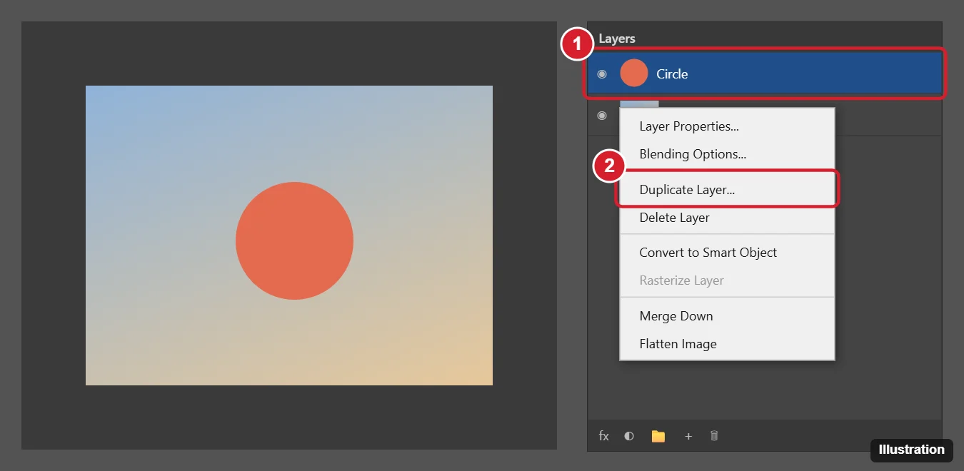 Photoshop Layers panel with the right-click menu open and Duplicate Layer highlighted