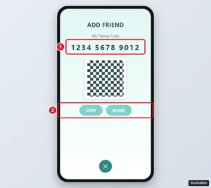 Pokemon GO Add Friend screen showing My Trainer Code with Copy and Share options highlighted