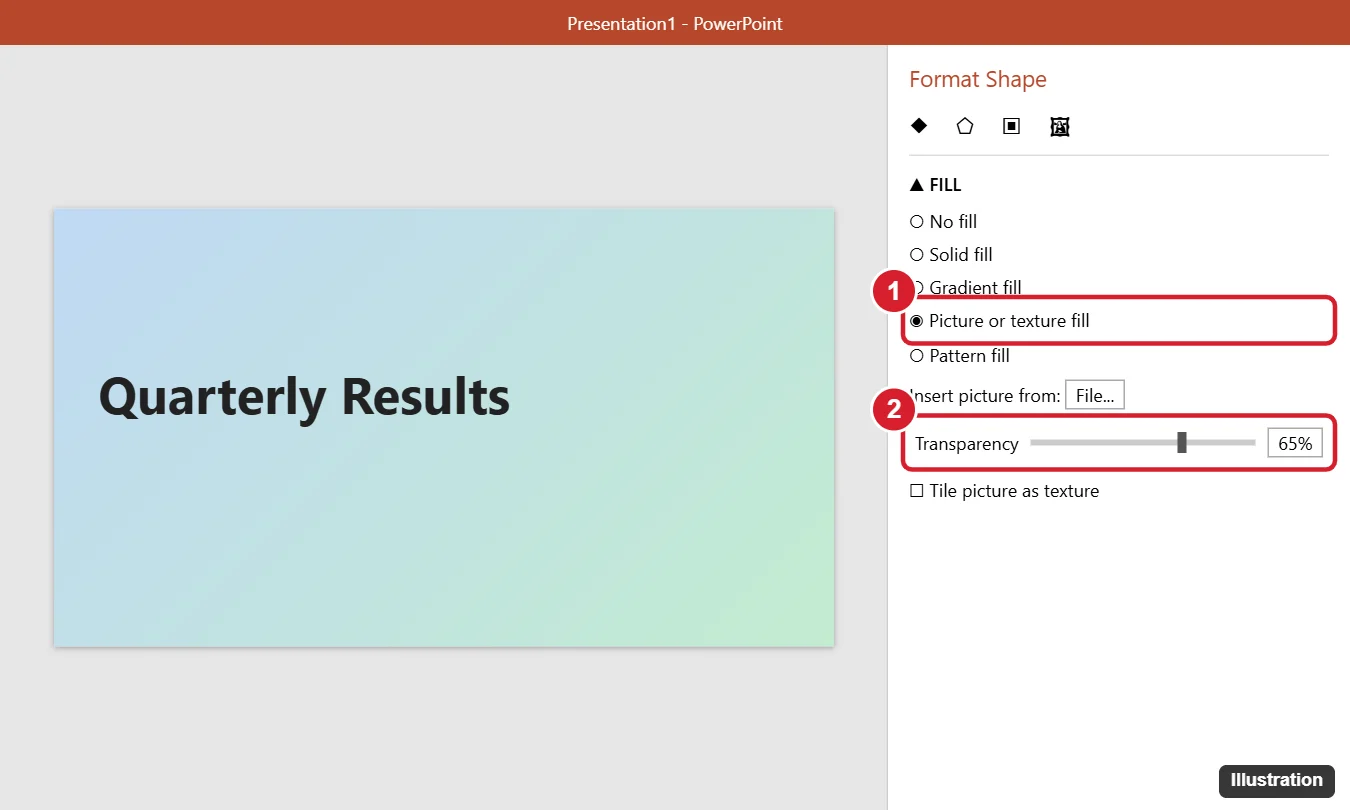 PowerPoint 2013 Format Shape pane with Picture or texture fill selected and the Transparency slider highlighted