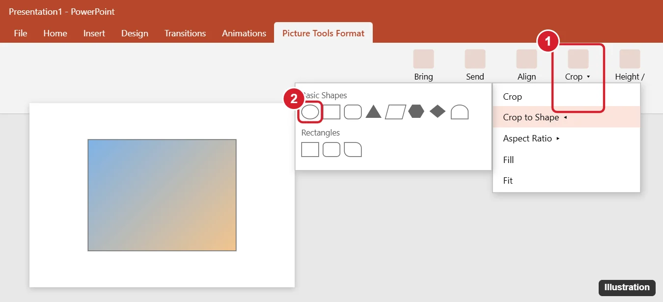 How to Crop a Picture into a Circle in PowerPoint 2013 1 PowerPoint Picture Format Crop menu with Crop to Shape open and the Oval shape highlighted