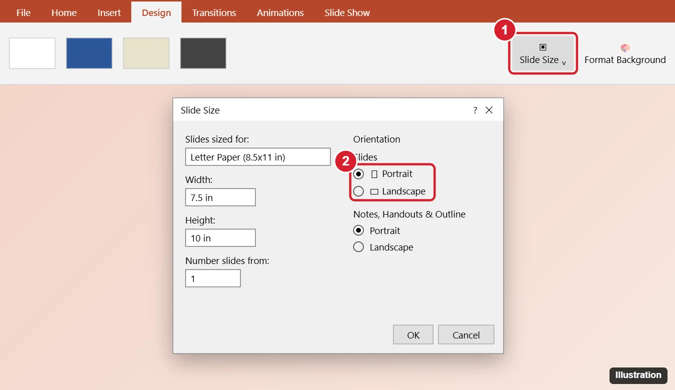 How to Change Slide Orientation in PowerPoint 2013 (Portrait or Landscape) 1 Presentation Slide Size dialog with the Slides orientation Portrait option highlighted