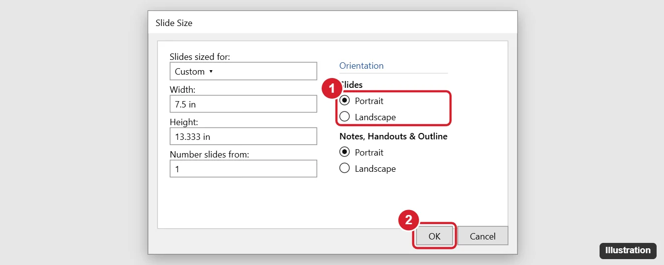 PowerPoint Slide Size dialog with Portrait orientation for slides selected and highlighted