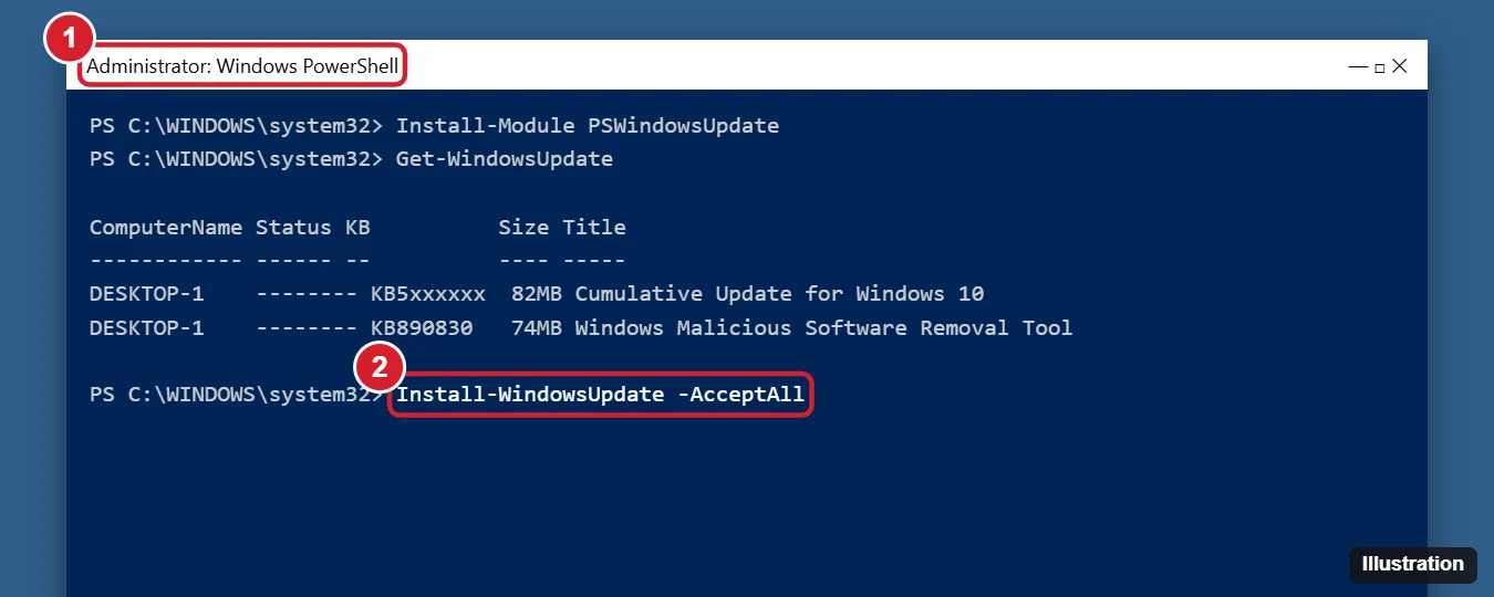 Administrator PowerShell window running Get-WindowsUpdate and Install-WindowsUpdate commands