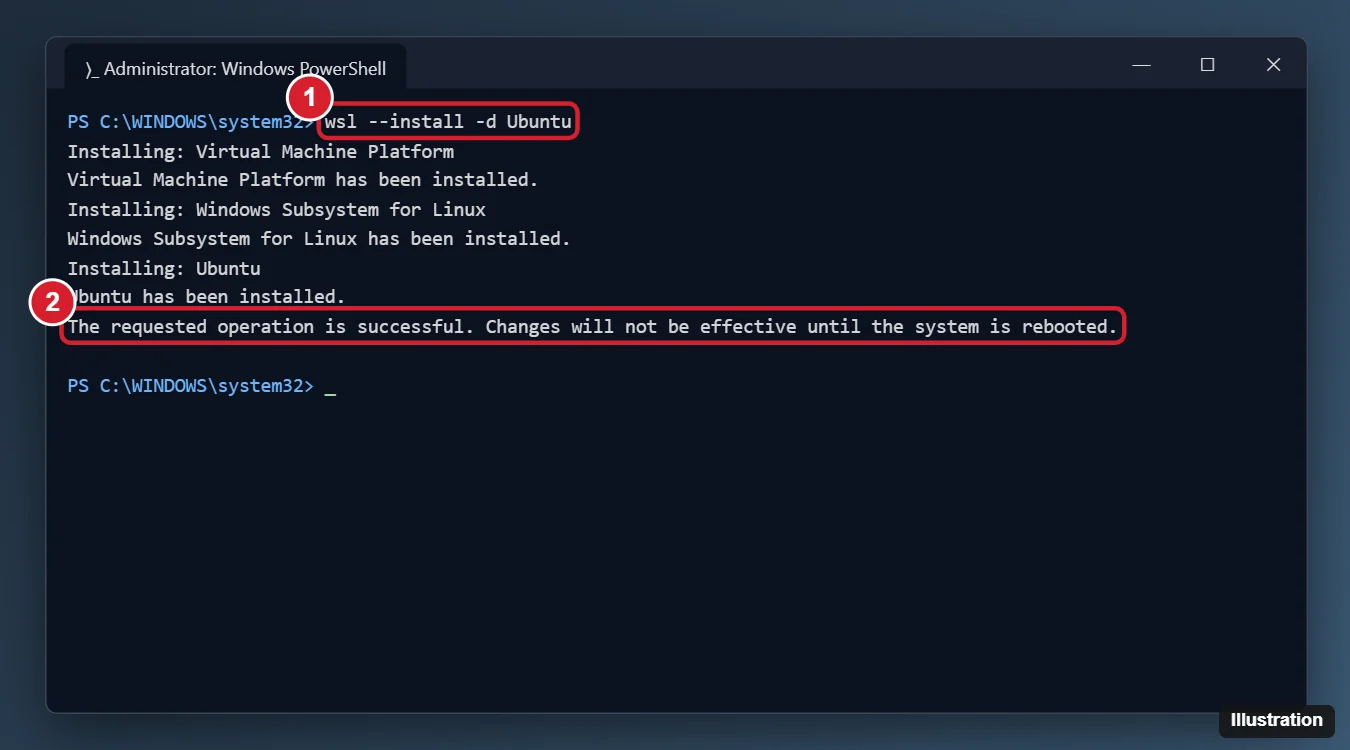 How to Install Ubuntu on Windows 10 (WSL Guide) 1 Administrator PowerShell window running wsl --install -d Ubuntu with the command and the installation success message highlighted