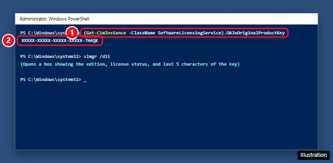 Windows PowerShell showing the command that reads the Windows product key stored in the PC firmware, with the key partly hidden
