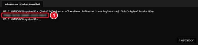 PowerShell output showing the OEM product key read from firmware, blurred