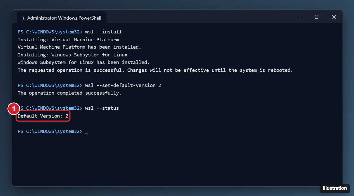How to Install WSL2 on Windows 10 (One Command or Manual) 1 Administrator PowerShell window showing wsl --install completing, then wsl --set-default-version 2 and wsl --status reporting Default Version 2